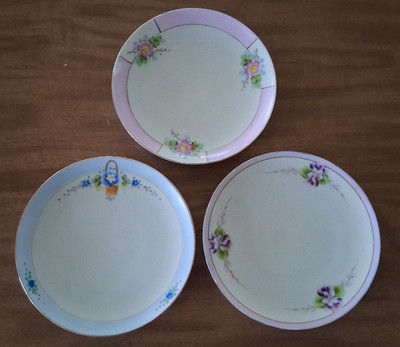 3 Vintage Meito China Bread Plates - 6.5'' in Pink, Blue and Lavender Flowers