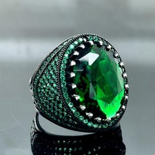 925 Men Silver Green Zircon Stone Ring, Oval Green Gemstone Ring