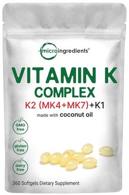Super Vitamin K Complex (K2 MK7 + MK4 & K1), 360 Coconut Oil Softgles | Easily A