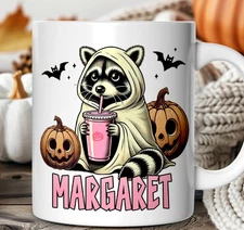 Cute Racoon Drinking Cup, Personalized Mug, Retro Halloween Gift with Name