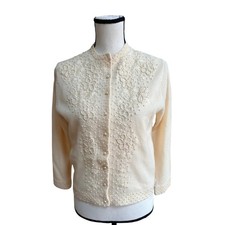 Stunning 1950s Women's Beaded Cashmere Angora Small Cardigan Ivory Romantic