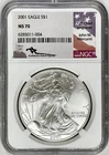 2001 AMERICAN SILVER EAGLE NGC MS70 JOHN MERCANTI HAND SIGNED $7,500 VALUE