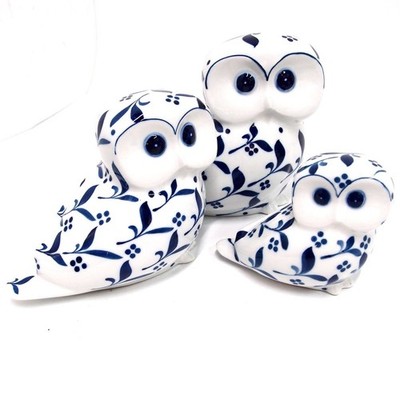 Eule 3er Set V&B Porzellan Gallo Design handpainted Camelia Eulen weiß blau 18cm