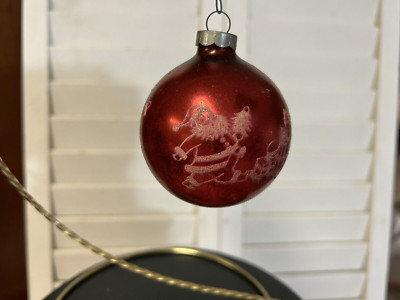 Vintage  Shiny Brite Glass Ornament Stenciled Santa pulling wagon toys doll red