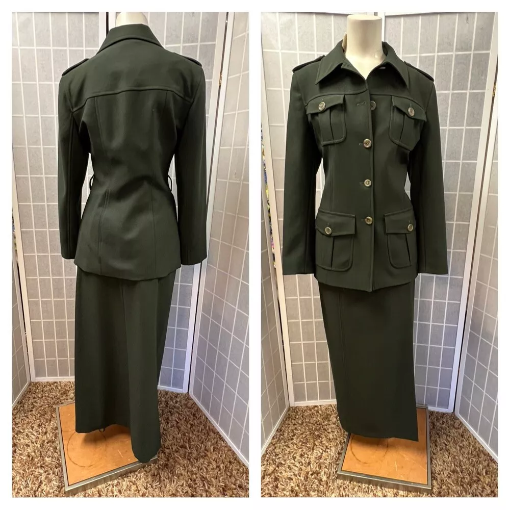 Pinko Women Suit 2pieces Long Skirt Military Style Jacket Green Size 8