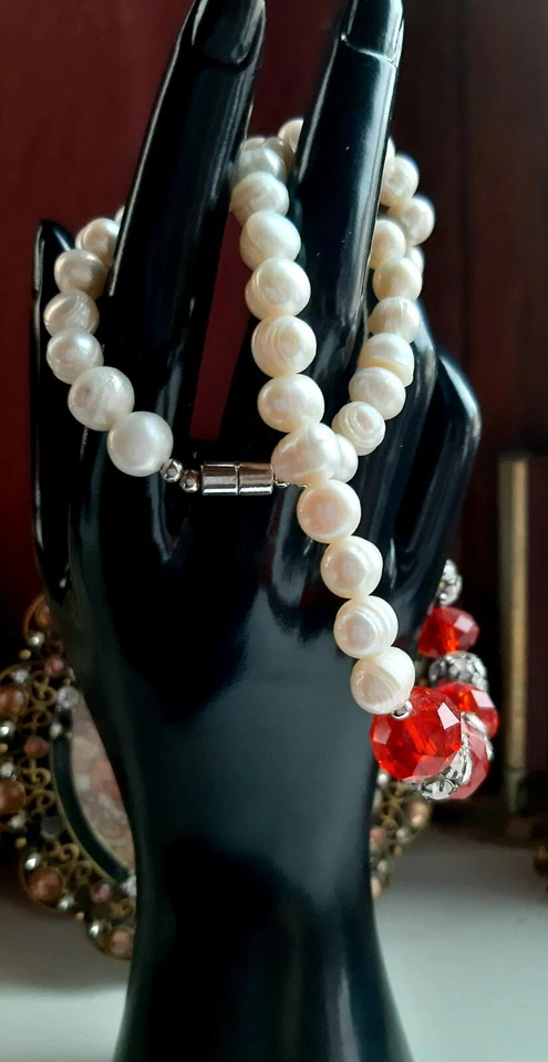 Süßwasserperlen Collier mit facettierten roten Glasperlen°. - Bild 3 von 4