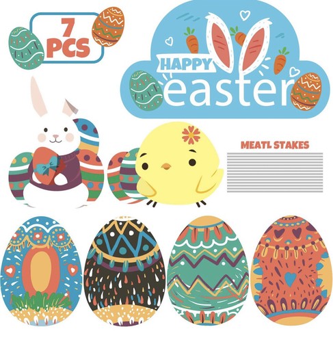 Hof Ostern Schilder Outdoor Deko - Hase, Küken und Eier 7 Stück Hofpfähle - Bild 1 von 7
