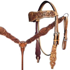 Western Horse Bridle Leather Set Headstall Browband Breast Collar Hand Carved