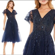 MAC DUGGAL Midnight Navy 20304 Beaded Flutter Sleeve Tulle Tea Length Dress 10