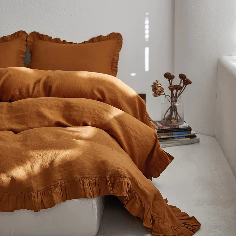 Elegante juego de funda nórdica con volantes marrón - 3 piezas, algodón prelavado, reina/rey/completo Foto 3 de 4