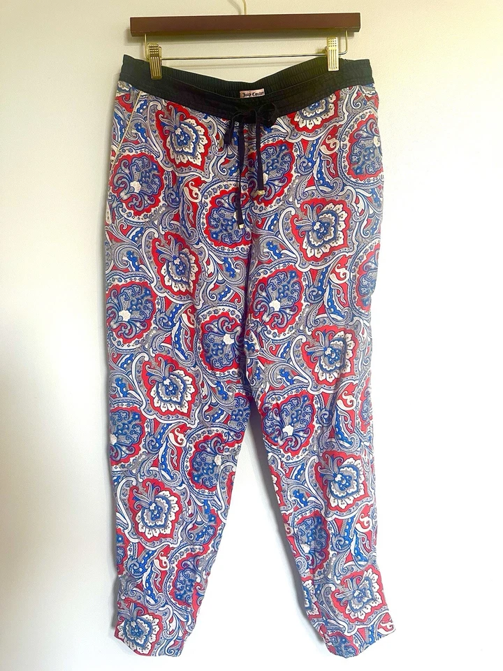 Juicy Couture Womens Harem Jogger Red Blue Paisley 100% Silk Pants Size M