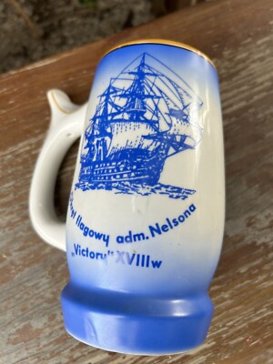 VTG Mug Stein Large Poland Lubiana Pottery Ship HMS Victory 6-3/4 X 5  Old Stamp