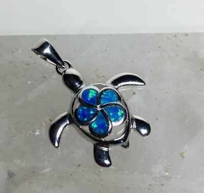 Sterling Silver Lab Opal BLUE Sea Turtle Pendant