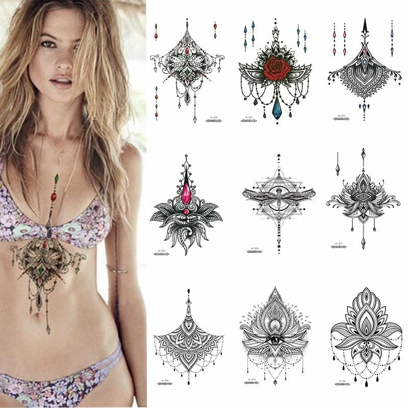 Women Big Temporary Breast Chest Waist Tattoo Ornamental Art Waterproof Sticker
