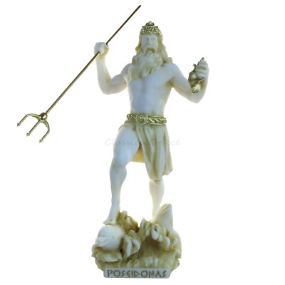 Statue Ancient Greek God Poseidon Alabaster 7'' - 18cm Cast Marble Mythology