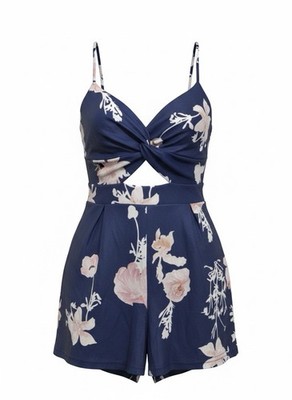 Unbranded Floral V-Neck Tie-Back Bow Romper Blue Pink White Large