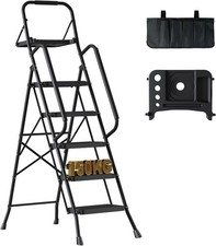 BONTEC 5 Step Ladder Folding Step Stool Tool Bag Tray Anti-Slip Wide Black New