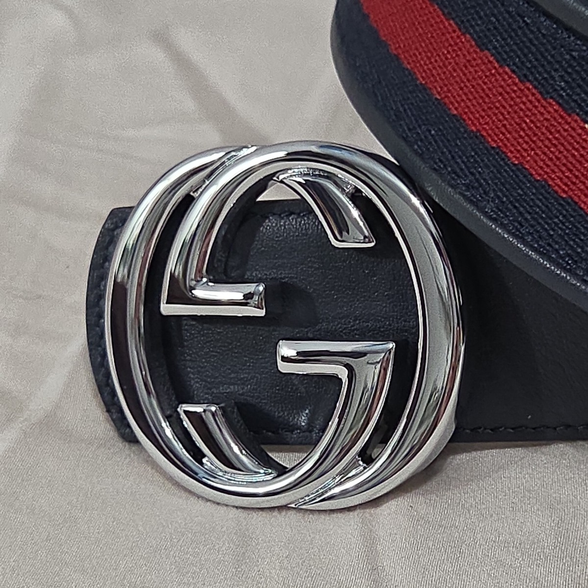 Authentic Reversible Gucci Navy Blue and Red Striped Belt Men Size