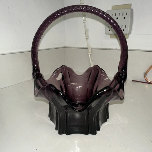 Vintage Fenton Amethyst Purple Glass Basket Black Crest Twisted Handle