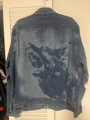 HUF Men's Blue Denim Jacket Large Wolf Graphic Logo Back