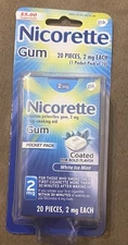 Nicorette Gum 2mg Coated White Ice Mint Pocket Pack 20 Pieces Ex 3/27
