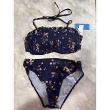 Cupshe Floral Smocked Bandeau Tie Halter Bikini Swimsuit Navy Blue S