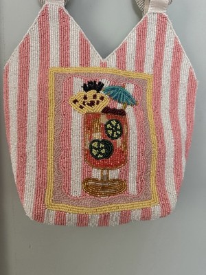 Tropical Drink Cocktail Pink White Beaded Striped Bag Handcrafted India