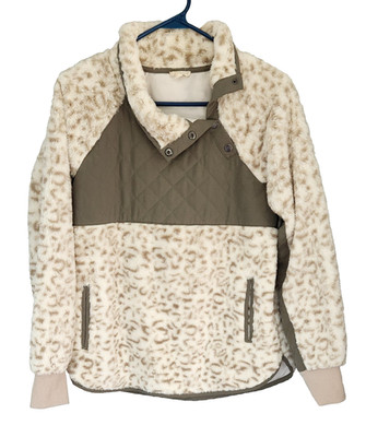 Hem & Thread Asymmetrical Snap Up Fleece Teddy Pullover Quilted Olive  Women's M