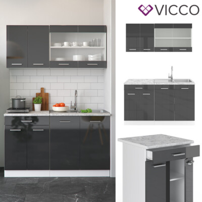 Cuisine équipée Vicco R-Line 300 Cm Anthracite Brillant Meuble Cuisine Bloc Neuf