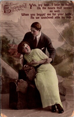 Vintage Postcard Newly Engaged Man & Women Young Couple Divided c