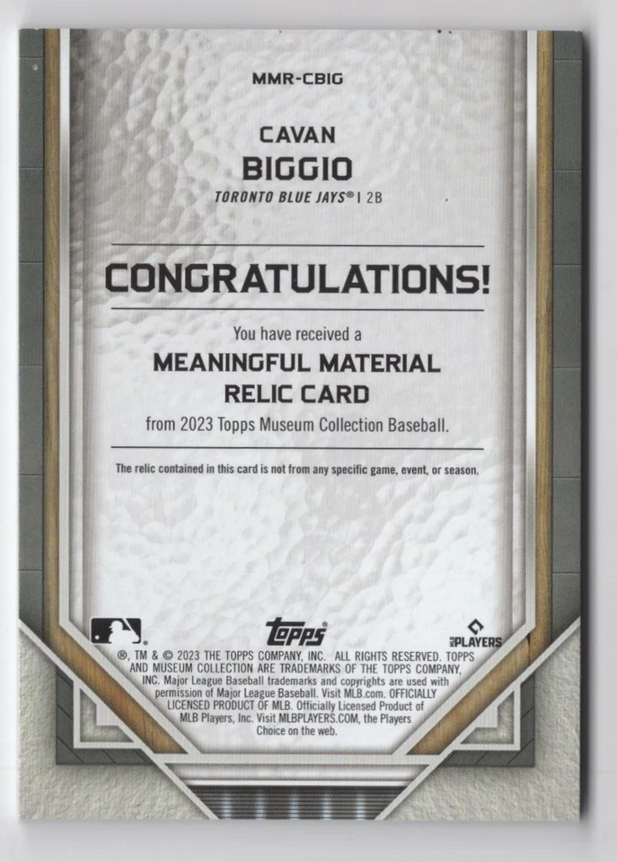 2023 Topps Museum Collection Meaningful Materials Relics Sapphire Cavan Biggio - Image 2 of 2