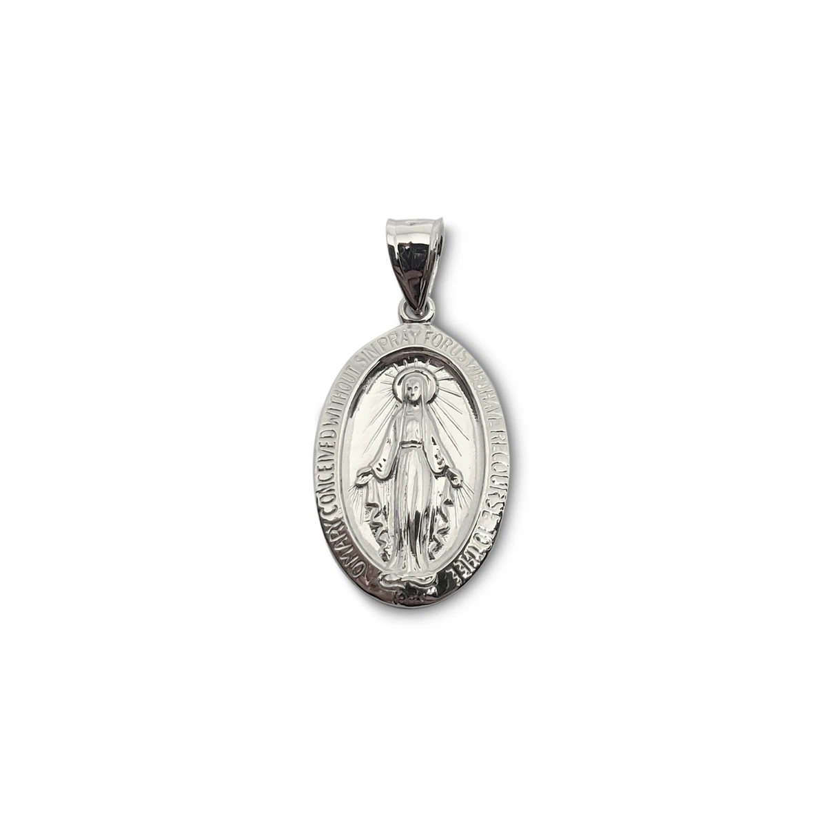 Solid 10K White Gold Miraculous Medal Virgin Mary Pendant, 3/4, Catholic