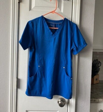 WOMENS BEYOND SCRUBS TOP V NECK BLUE SHORT SLEEVE FRONT POCKETS SIZE S