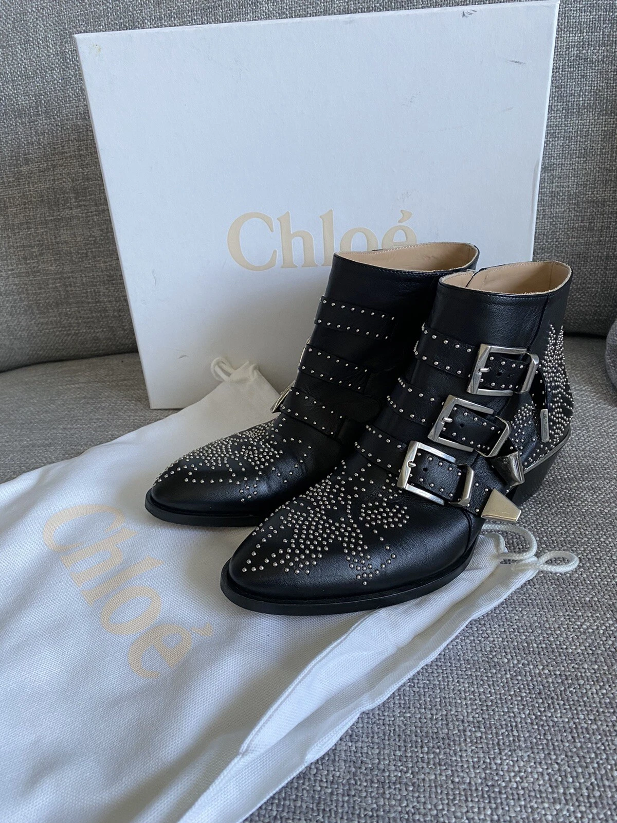 Chloe — CHLOE Black Leather Silver Susanna Biker Stud Buckle Boots 37 RRP$1,950