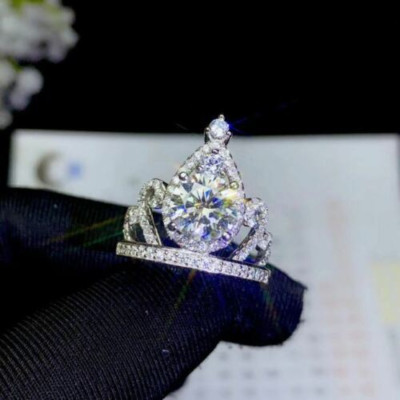 2Ct Round Cut Natural Moissanite Crown Wedding Ring 14K White Gold Plated Silver