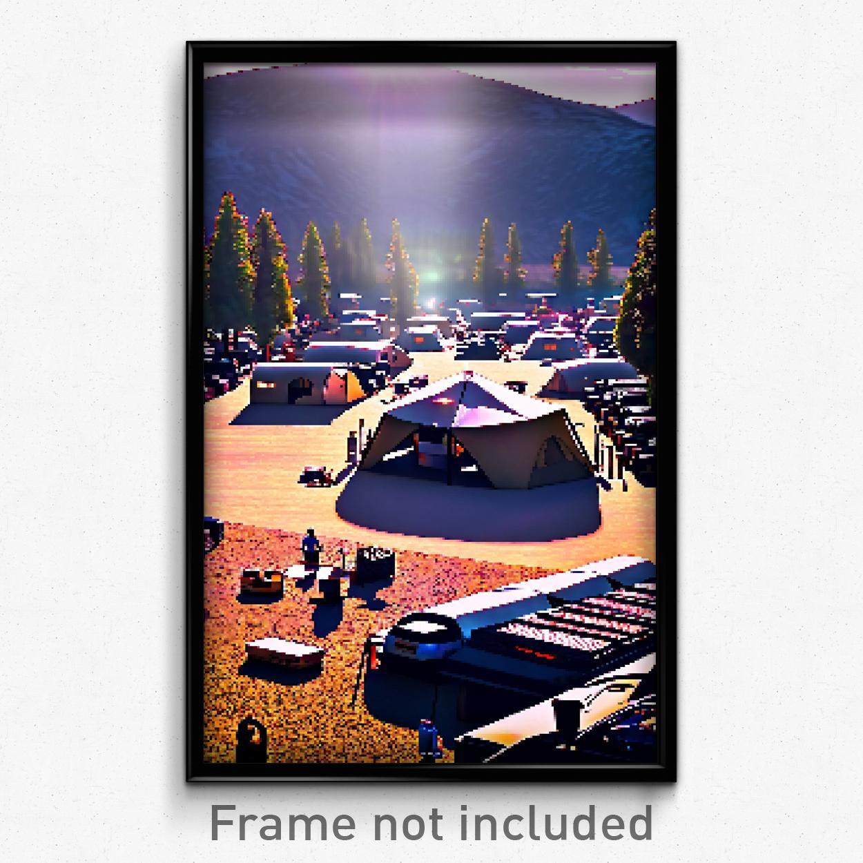 8-Bit Psychedelic Campsite Pixel Art Poster - Trippy Video Game Print