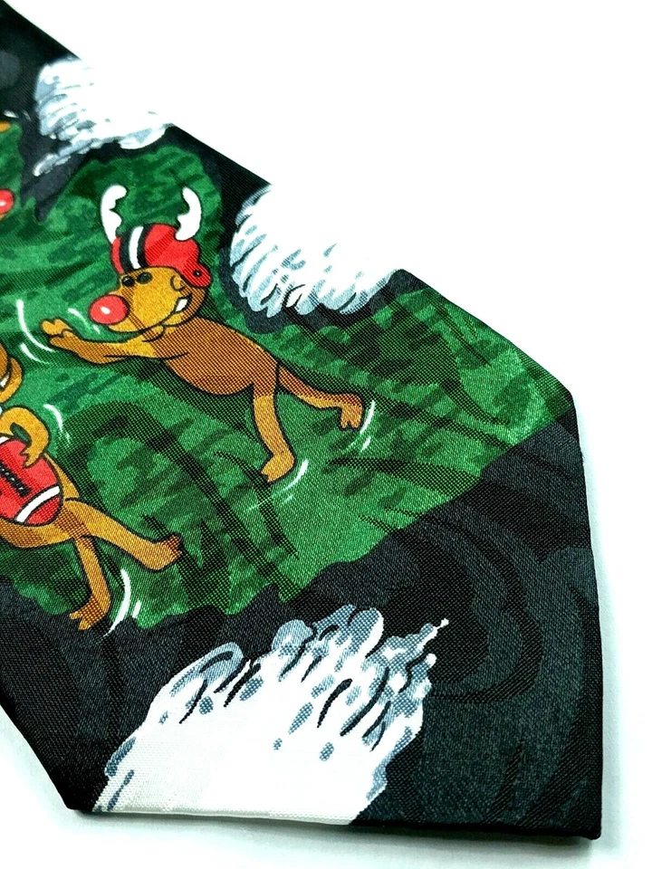 Santa Claus Skiing Reindeer Playing Football Christmas Tree Novelty Necktie - Image 2 of 4