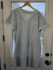 T by Talbots Women's Plus 2x Coastal Shirt Dress White Blue Striped Green Preppy
