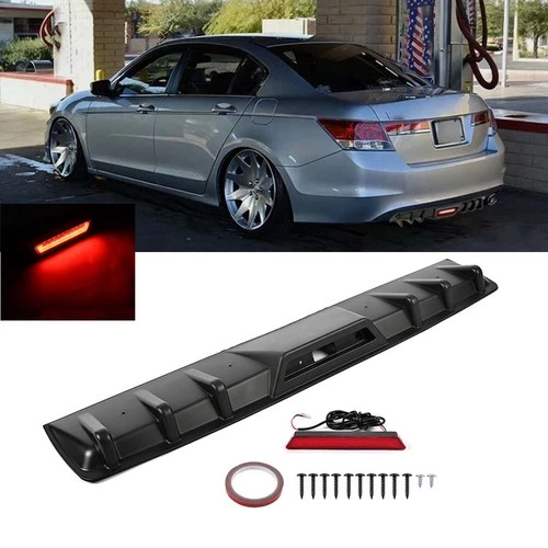 For Honda Accord Sedan Glossy Rear Bumper Diffuser Spoiler Lip w/LED Break Light