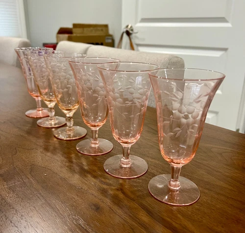 Vintage Pink Depression Glass 5" Parfait Tumblers Floral Etched - Set of 6