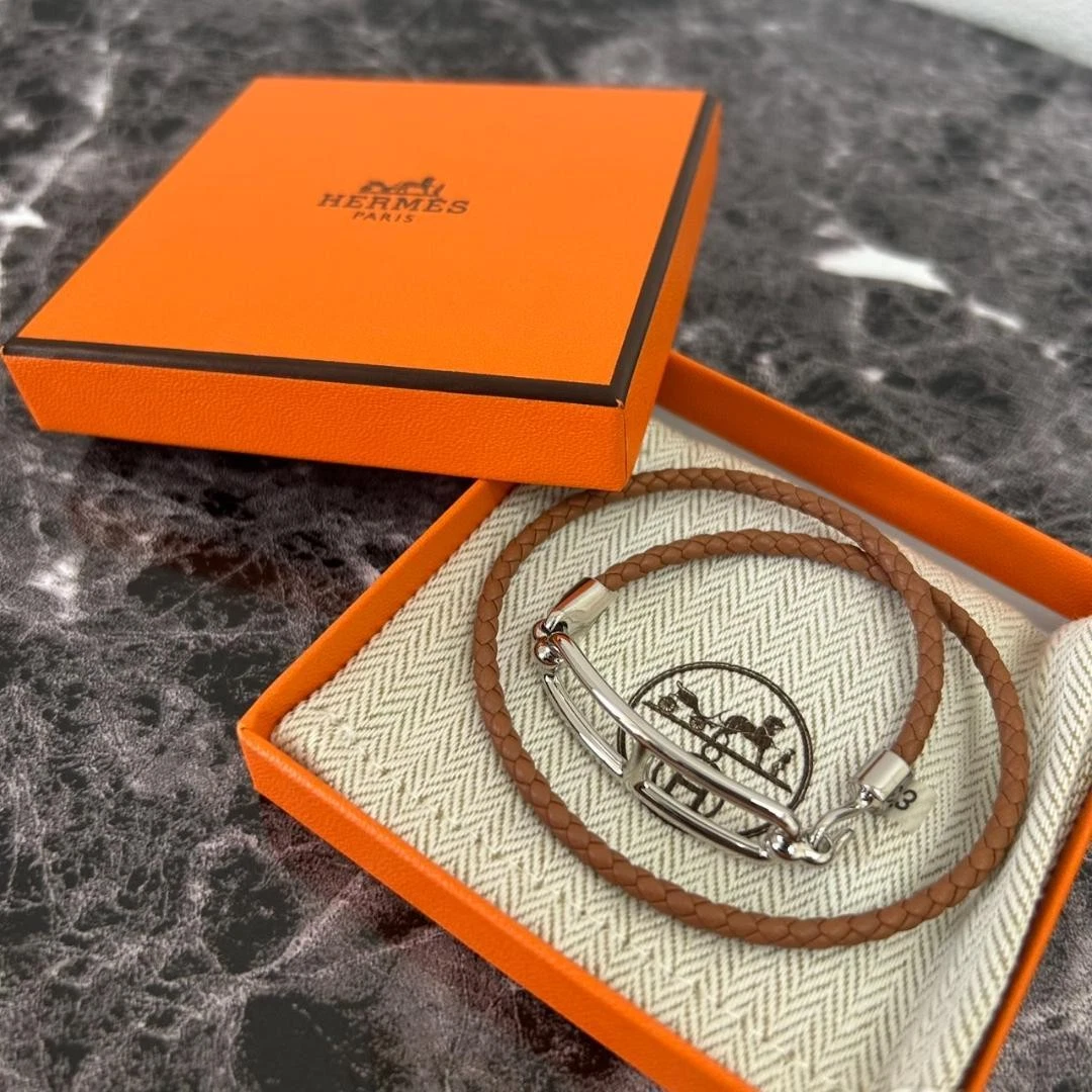 HERMÈS Bracciale Hermes in pelle intrecciata marrone argento accenti usa 6 5lici