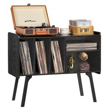 Record Player Stand with 4 Cabinet Holds Up to 220 Albums, Large Black