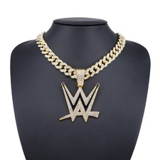 Big W Gem Chain 20" Iced Out Pendant Necklace Gold Silver Wrestling Fan Jewelry