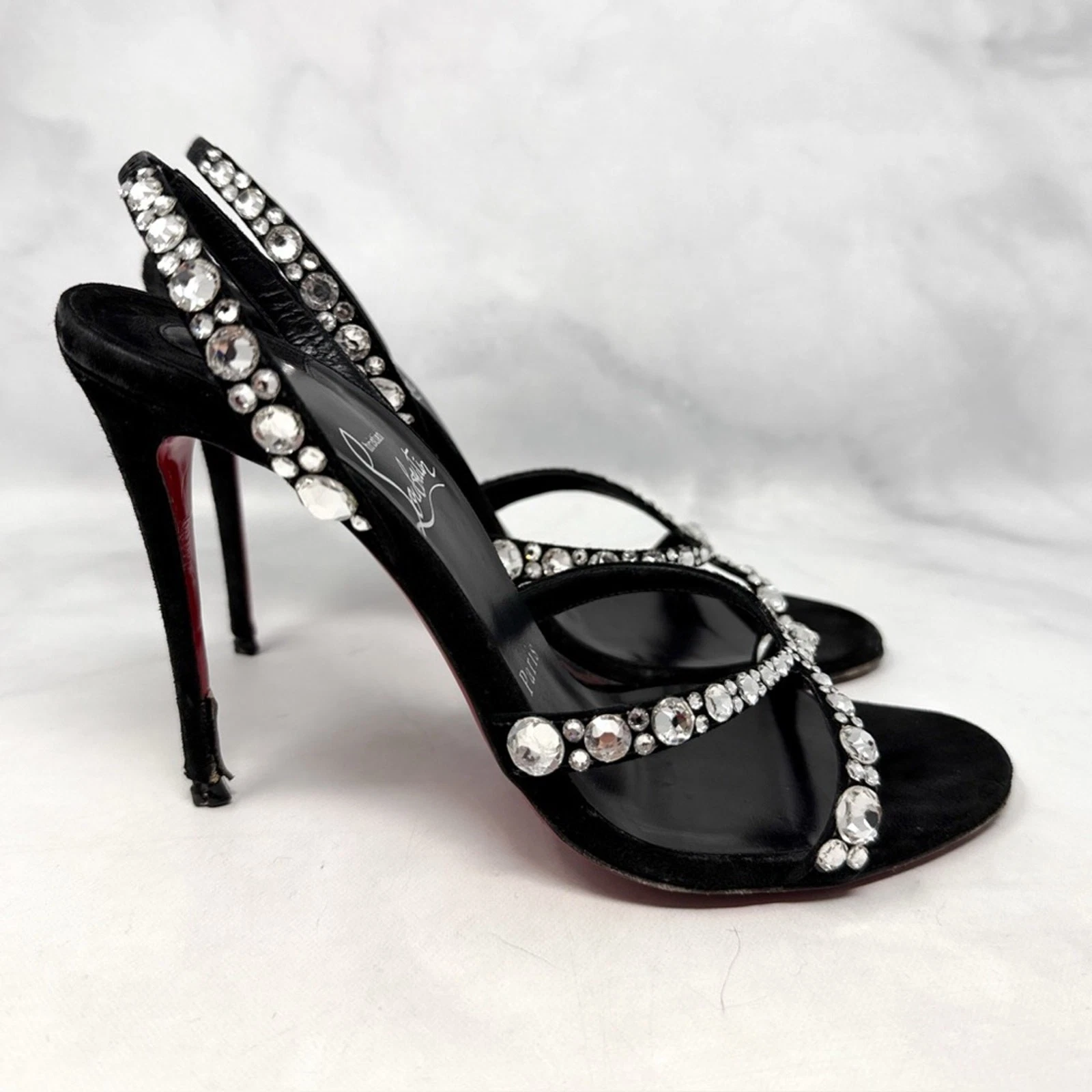 Christian Louboutin — Christian Louboutin Emilie Strass 100 Embellished Strappy Sandal Heels Black 38