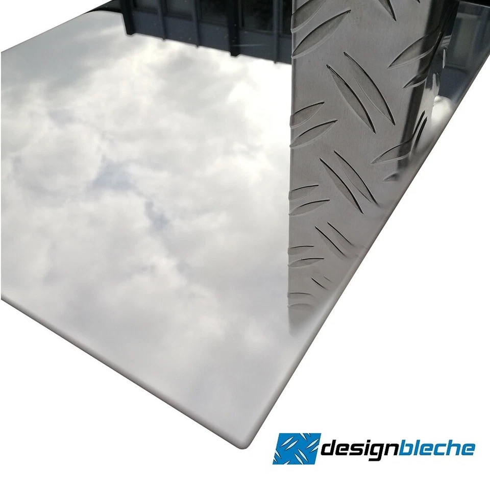 DESIGNBLECHE Edelstahl Blechzuschnitt Super Mirror8 0,8mm Blechstreifen V2A Platte bis 2m