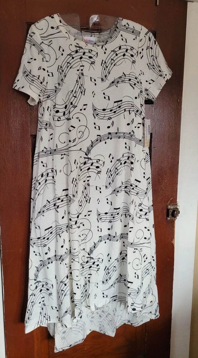 NWT LULAROE Women s XXS CARLY White Black Music Notes Short Sleeve Hi Low Dress