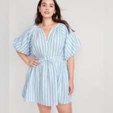 Old Navy Waist-Defined Puff-Sleeve Stripe Gauze Mini Shirt Dress size XLTall NWT