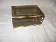 vintage Taiwan beveled smokey colored glass jewelry trinket box gold tone trim