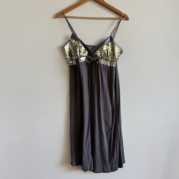 y2k Slip Dress Grey Gold Sequin Bow Strappy Mini Bardot Brand 
