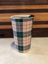 IQ Accessories Green Plaid Holiday Ceramic Tumbler Mug With Lid  6 x 3.5"